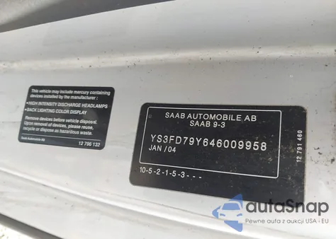 2004 Saab 9-3 Arc z USA, uszkodzony, nr VIN YS3FD79Y646009958